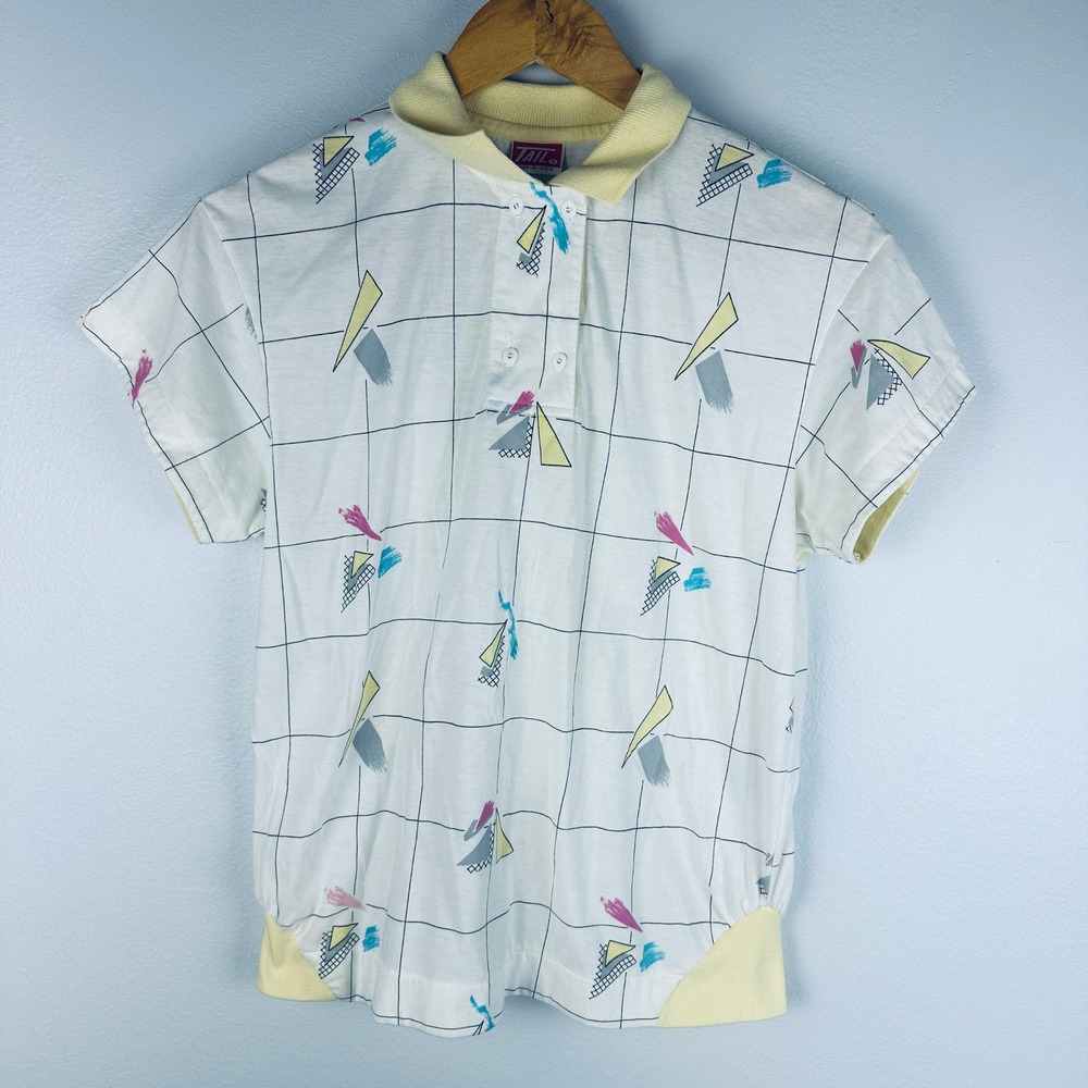 Tail Vintage 80s Tennis Polo Shirt Womens S White Yellow Geometric Abstract USA